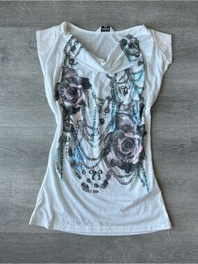 RARE VTG Tammy UK Y2K McBling Rose Graphic cow neck Top Sequin Shoulders